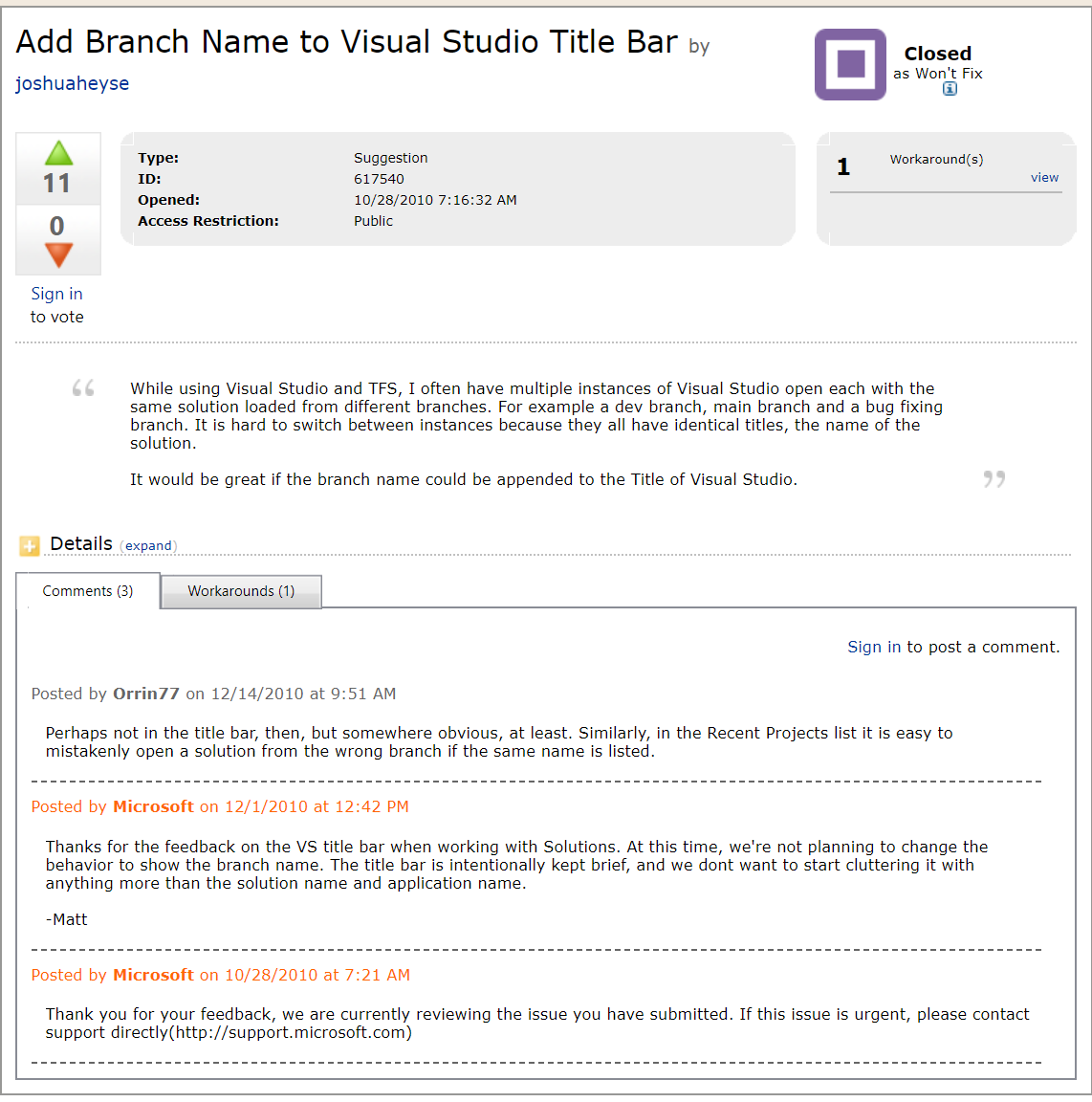 The rejected feature suggestion on Microsoft Connect